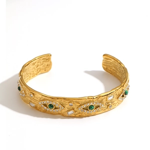 Vintage irregular gold-plated stainless steel cuff with evil eye malachite and crystals