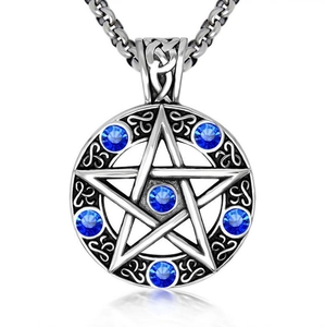 Pentagram satanic pendant necklace with blue crystals and Celtic knots on white background