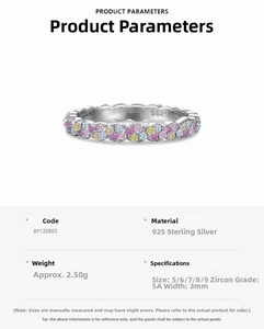 Detailed specs of S925 silver rainbow ring with colorful zircon inlays and dimensions