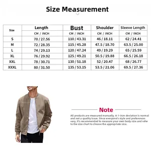Detailed size chart for men's vintage faux suede zip jacket from S to 3XL