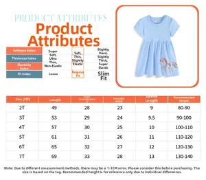 Size chart for girls short sleeve knit princess dress with unicorn print and fabric details