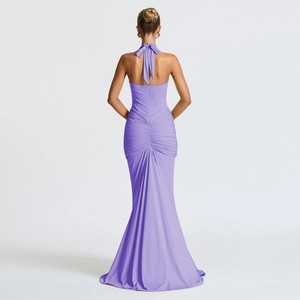 Detail view of purple halter dress featuring open back ties and elegant ruched texture