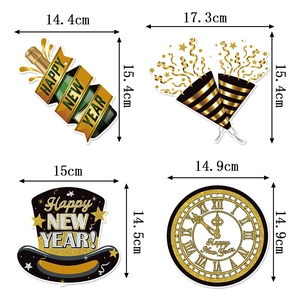 Set of 4 black and gold Happy New Year hanging decorations with glitter and size details