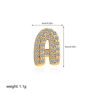 Detailed size chart for 18k gold letter A pendant with zircon inlay and weight info