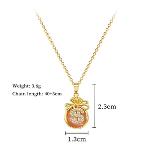 Detailed size chart of a lucky money bag pendant necklace with red stone and $ symbol