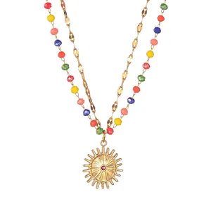 Stainless Steel Double Layer Beaded Necklace For Women Gold Plated Flower Sun Pendant Multicolor Beads Fashion Jewelry Necklace