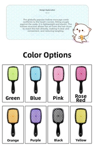 Detail view of colorful hollow mesh hair brushes with ergonomic handles in eight colors