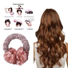 Detailed instructions for heatless hair curler set with pink satin scrunchie tutorial