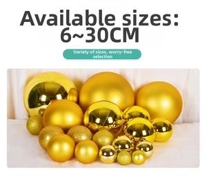 Golden Christmas baubles in 6-30cm sizes featuring matte, shiny, and glitter finishes