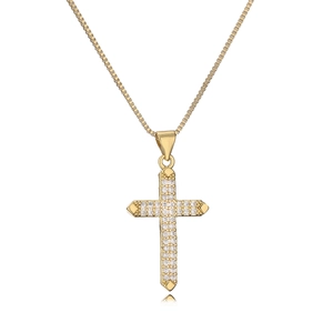 18K gold plated cross pendant necklace with sparkling zircon stones on a white background