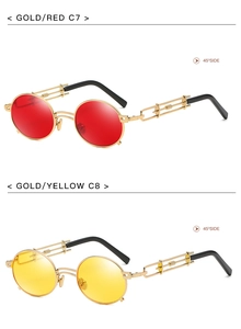Detail view of steampunk round metal sunglasses in gold/red and gold/yellow variants