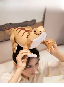 Detailed close-up of a lifelike brown bearded dragon plush toy held by a model