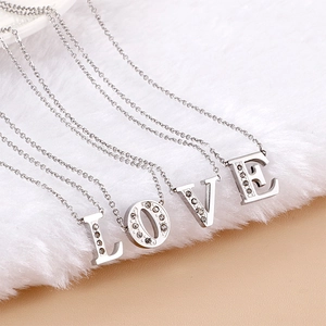 Silver LOVE uppercase alphabet necklace set with sparkling white rhinestones for women