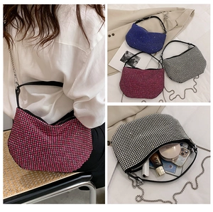 Three-view montage of rhinestone baguette bags in pink, blue, and silver with interior space