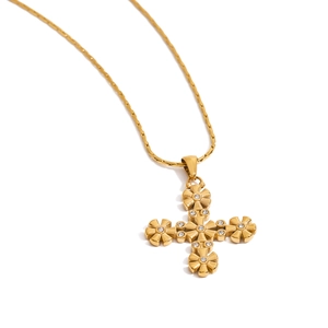 Floral Cross Pendant Necklace 18K Gold Plated Stainless Steel Rhinestone Inlaid Elegant Fashion Jewelry For Women