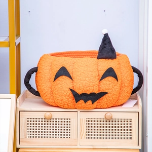 Halloween Kürbis Plüsch-Aufbewahrungskorb mit Zauberhut und schwarzen Griffen