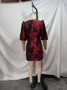 Vue arrière d'une robe courte à manches courtes avec jacquard floral rouge et zip