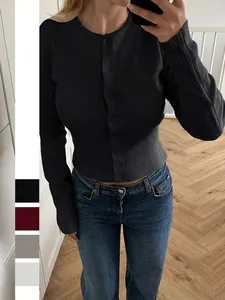 Gilet En Maille Viscose Pour Femmes Pull Col Rond Manches Longues Boutonné Coupe Slim Couleur Unie