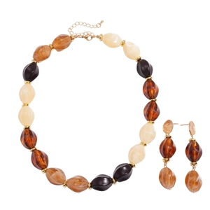 Retro acrylic oval beaded necklace and earring set in amber brown and black marble