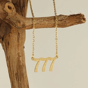 18K gold plated 777 angel number necklace with sandblast texture on wooden branch