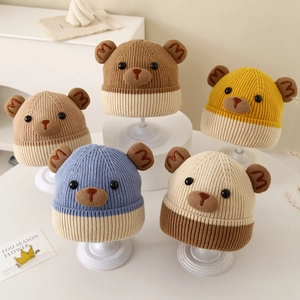 Warm winter knit bear hats for kids in five colors featuring embroidered M ears