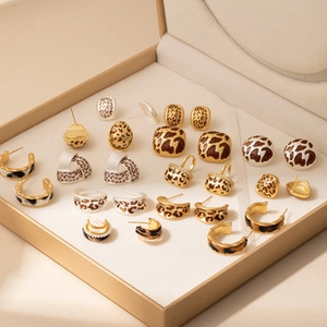 Detail view of leopard print earring set displayed in a beige jewelry gift box
