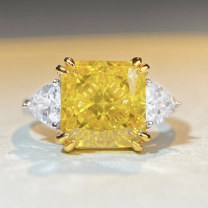 Radiant cut yellow carbon diamond S925 silver ring with triangle side stones