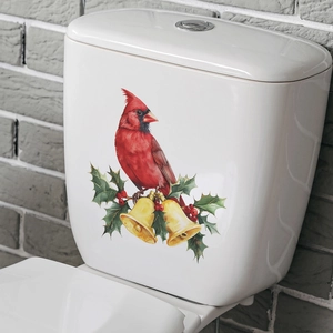 Christmas toilet sticker featuring a red cardinal bird, golden bells and holly berry leaves