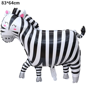 Detail of zebra shaped foil balloon with black white stripes for party decoration, 83x64cm
