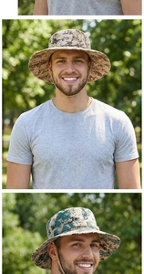 Detail of outdoor tactical boonie hats with wide brims and camo patterns in nature