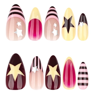 Almond press-on nails with star patterns, burgundy stripes and bicolor French design