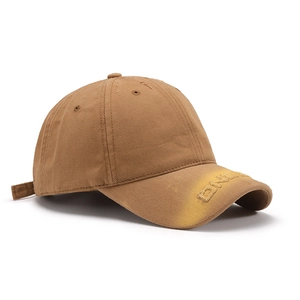 Unisex washed cotton baseball cap in khaki with vintage distressed brim and embroidery
