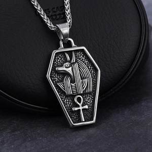 Vintage stainless steel Egyptian Anubis coffin pendant necklace with intricate carvings
