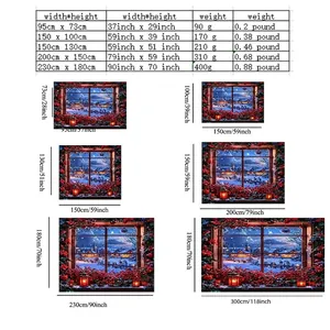 Christmas tapestry size chart featuring various dimensions of winter snow scene backdrop