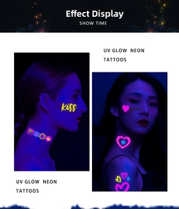 UV glow neon tattoos with heart and kiss patterns glowing under ultraviolet light