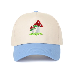 Two-tone mushroom embroidery baseball cap in cream and light blue cotton twill