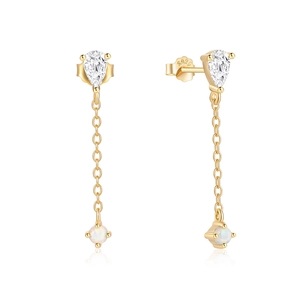 S925 silver fringe stud earrings featuring teardrop zircon and white opal stones