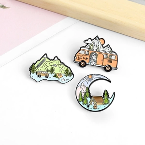 Three-piece outdoor camping enamel pin set with mountain cabins and off-road vehicles
