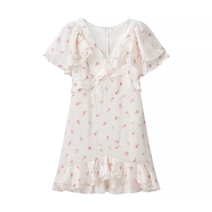 Robe à fleurs col V blanche avec roses roses et manches à volants multicouches