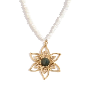 18K gold plated stainless steel petal pendant necklace with green stone and white beads