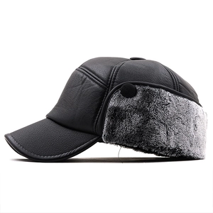 Winter faux leather warm hat for men with ear flaps and gray artificial fur lining