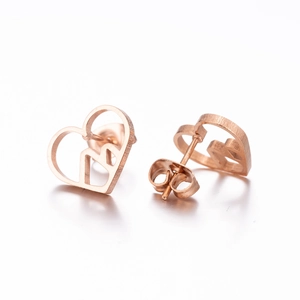 Minimalist heart-shaped stud earrings in rose gold with geometric mountain inner pattern