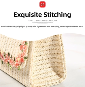 Detail showing high-quality stitching and pink floral embroidery on a beige straw bag