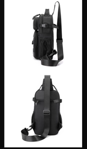 Side and back view of a black nylon crossbody bag with multiple pockets and mesh side pocket