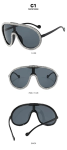 Detailed side, front, and back views of oversized rhinestone cycling sunglasses in black
