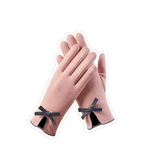 Gants thermiques en velours rose avec nœud pour le cyclisme en plein air et écran tactile