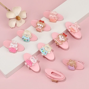 Set of 10 cute pink cartoon hair clips for girls featuring rabbits and cats