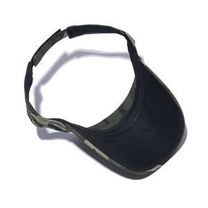 Close-up of camo sun visor hat showing adjustable velcro strap and canvas texture