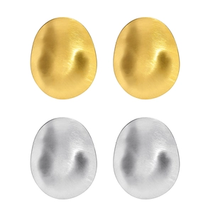 Irregular pebble-shaped stud earrings in gold and silver matte brushed stainless steel