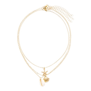 Chic triple-layered gold necklace set with metal starfish and faux shell charms for beach style
